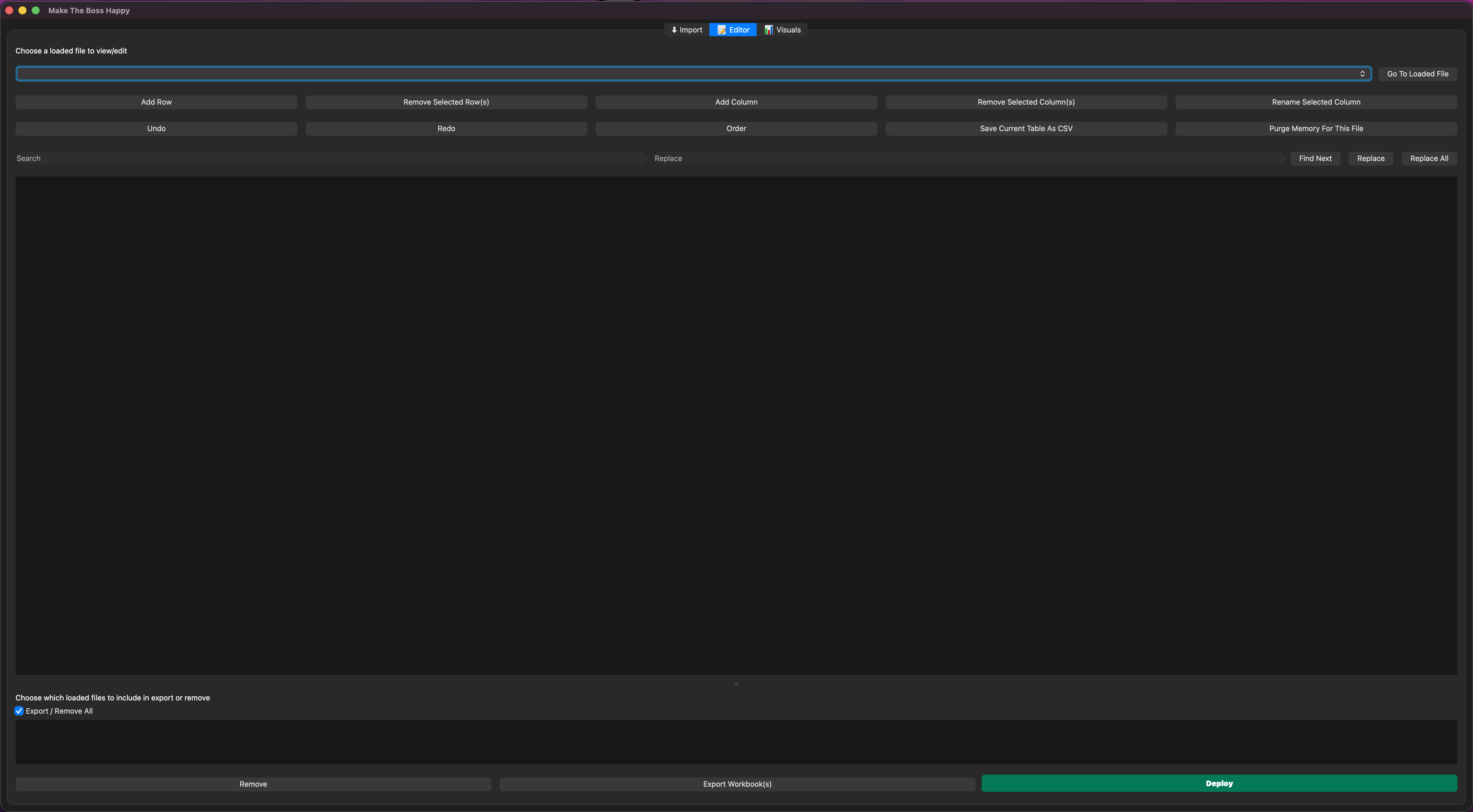 The 'Make The Boss Happy' editor: add/remove rows and columns, undo/redo, search and replace.