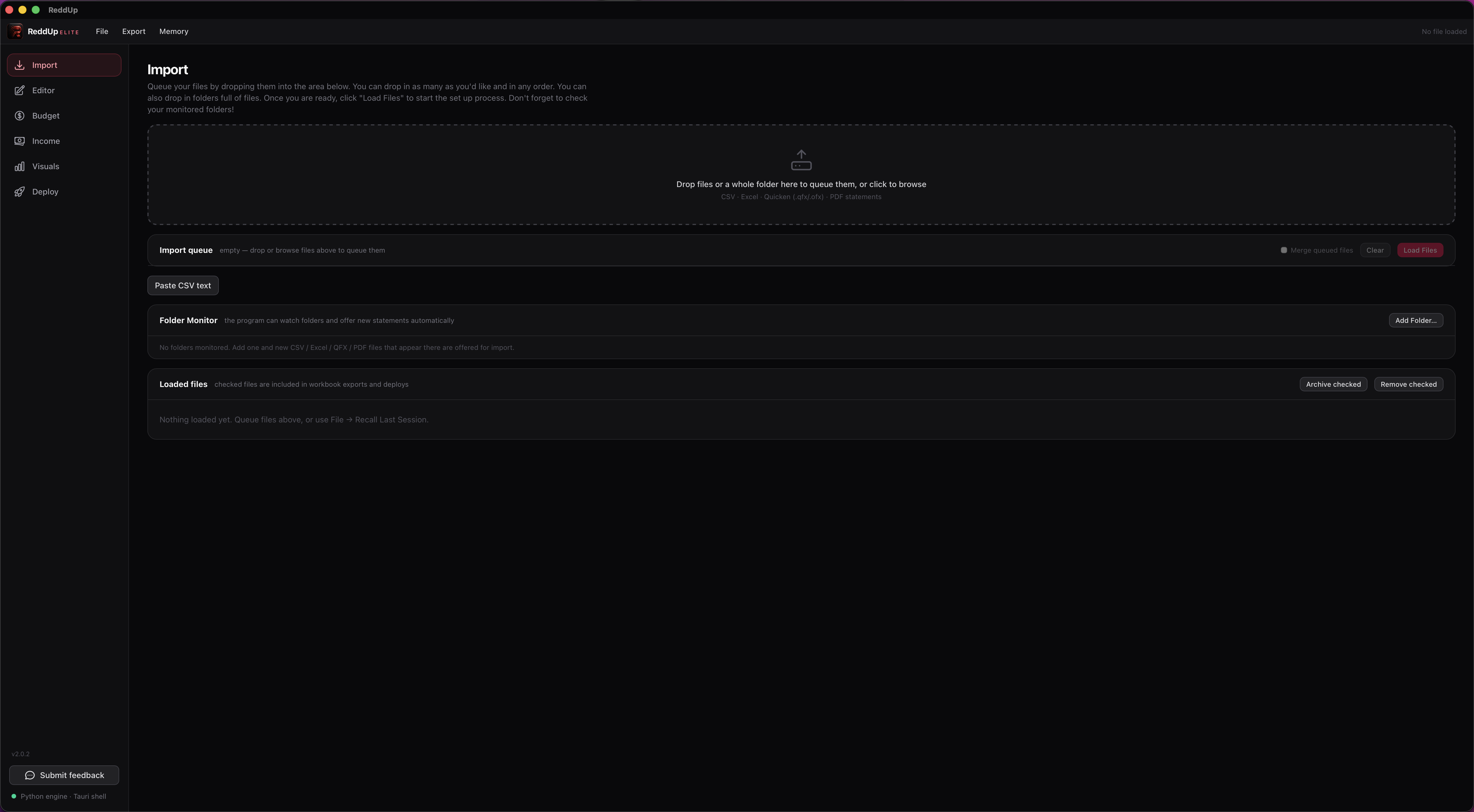 The finished ReddUp ELITE app, with a sidebar for Import, Editor, Budget, Income, Visuals, and Deploy.